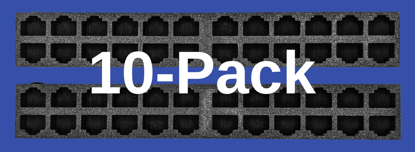 EZ Cable Dock – A compact, rectangular block with multiple RJ45 ports on the front, designed to temporarily hold and organize Ethernet cables. It resembles a network switch or patch panel but contains no electronic components. The ports are arranged in two blocks, separated by a small gap, with a raised circular indicator on the first port for easy identification.
