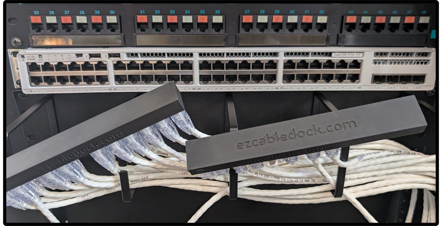An image of a network switch with all Ethernet cables removed and now securely placed in the EZ Cable Dock. The cables remain organized in their original order, demonstrating how the dock holds them temporarily for easy reconnection.