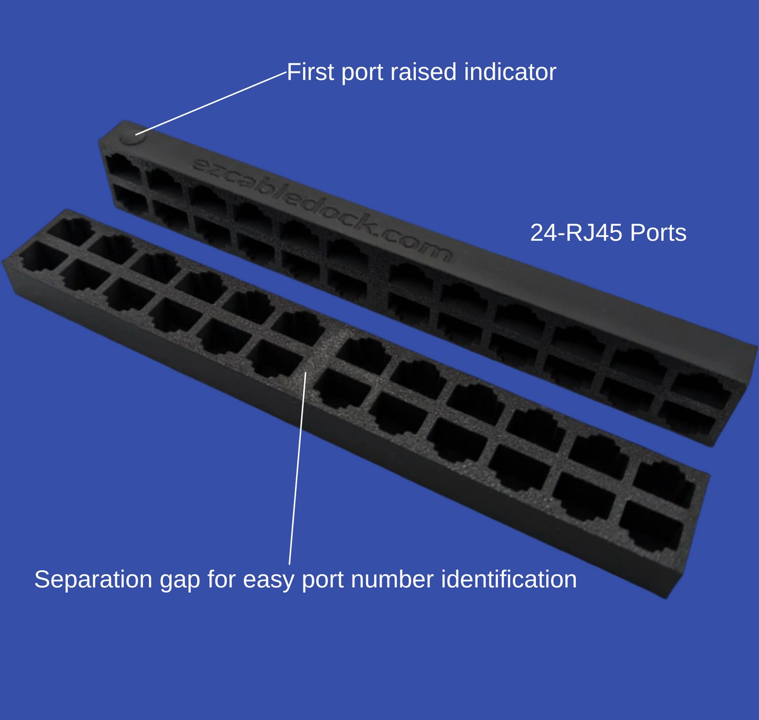 EZ Cable Dock – A compact, rectangular block with multiple RJ45 ports on the front, designed to temporarily hold and organize Ethernet cables. It resembles a network switch or patch panel but contains no electronic components. The ports are arranged in two blocks, separated by a small gap, with a raised circular indicator on the first port for easy identification.