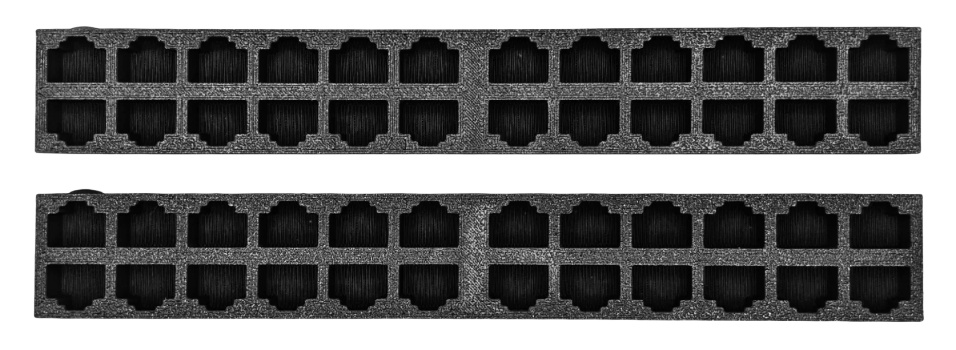 EZ Cable Dock – A compact, rectangular block with multiple RJ45 ports on the front, designed to temporarily hold and organize Ethernet cables. It resembles a network switch or patch panel but contains no electronic components. The ports are arranged in two blocks, separated by a small gap, with a raised circular indicator on the first port for easy identification.